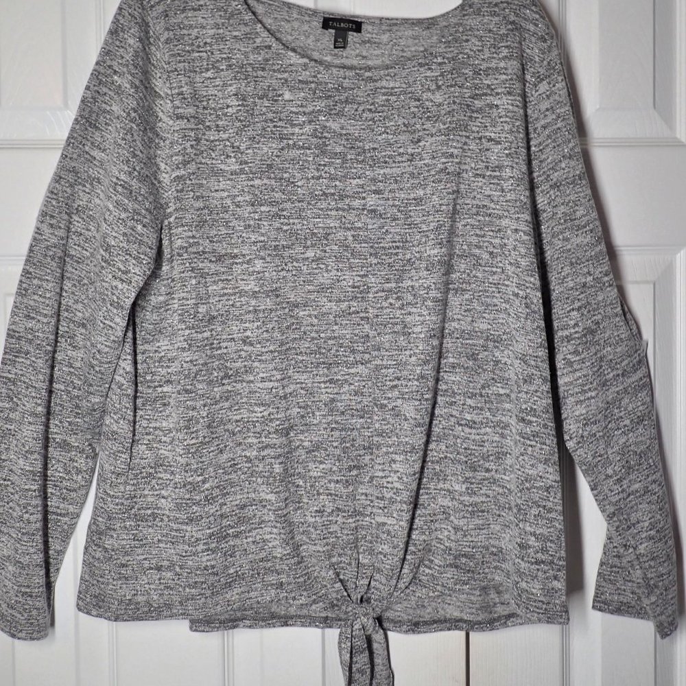 Metallic Silver Lightweight Long Sleeve Tie Front Top Talbots XL Party Casual